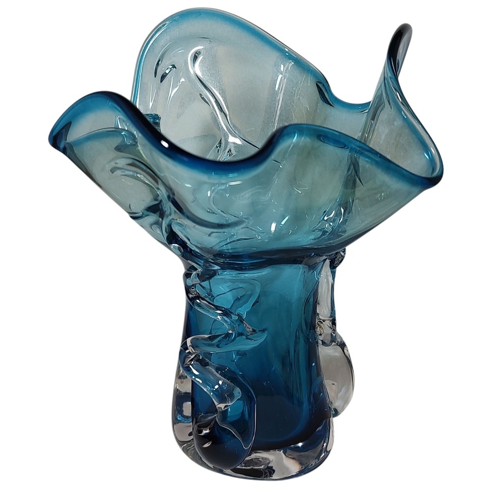 Hand Blown Studio Art Vase Glass Blue Swirl Signed Pauli Seattle‎ USA Ten In SEE